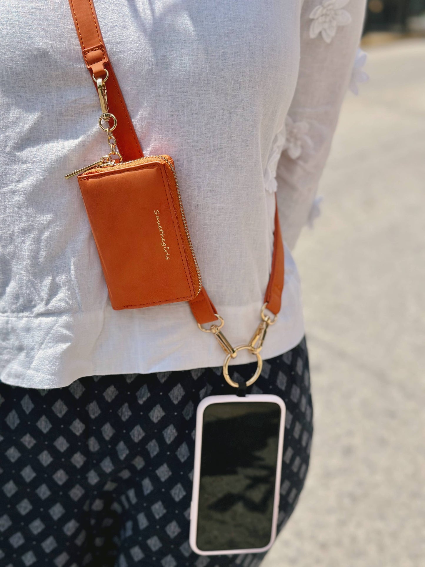 Clip & Go Brushed Vegan Leather Phone Lanyard - Rfid Pouch: Brown - Brown Pouch