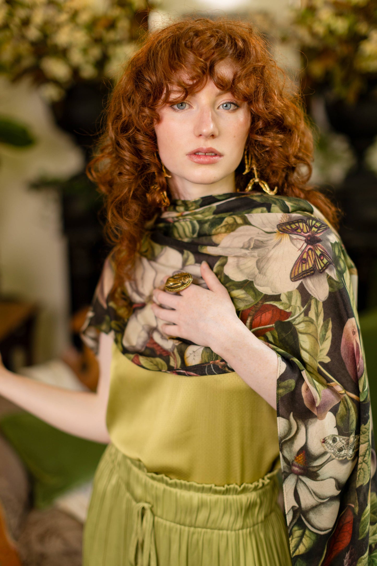 Fleur De Lune Scarf with Floral Print & Bees