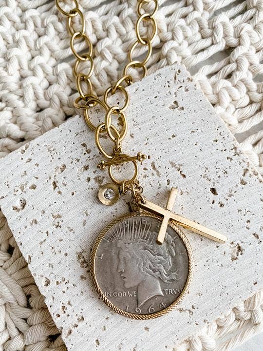 Relic Coin and Cross Necklace: Antique Bronze 30"