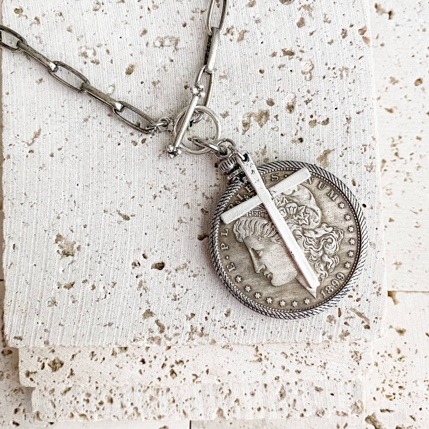 Relic Coin and Cross Necklace: Antique Bronze 30"