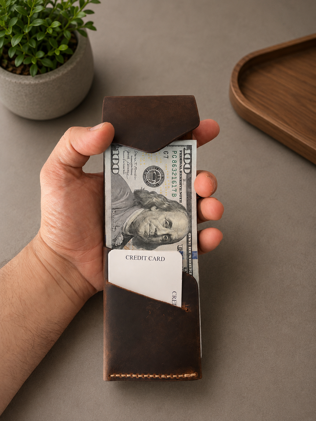 Leather Cash Wallet, Hand Stitched Minimalist Wallet: Dark Brown
