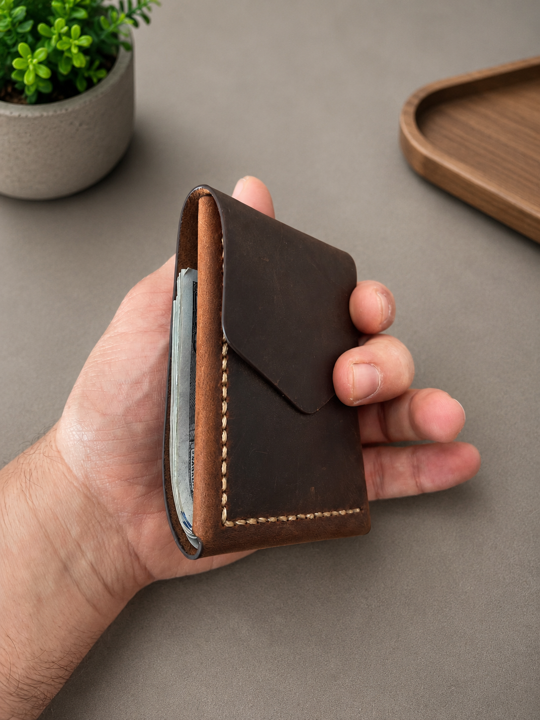 Leather Cash Wallet, Hand Stitched Minimalist Wallet: Brown