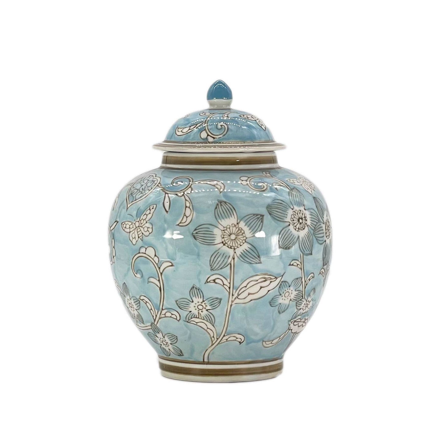 Classic  Floral Ceramic Ginger Jar 10": White & Light Blue