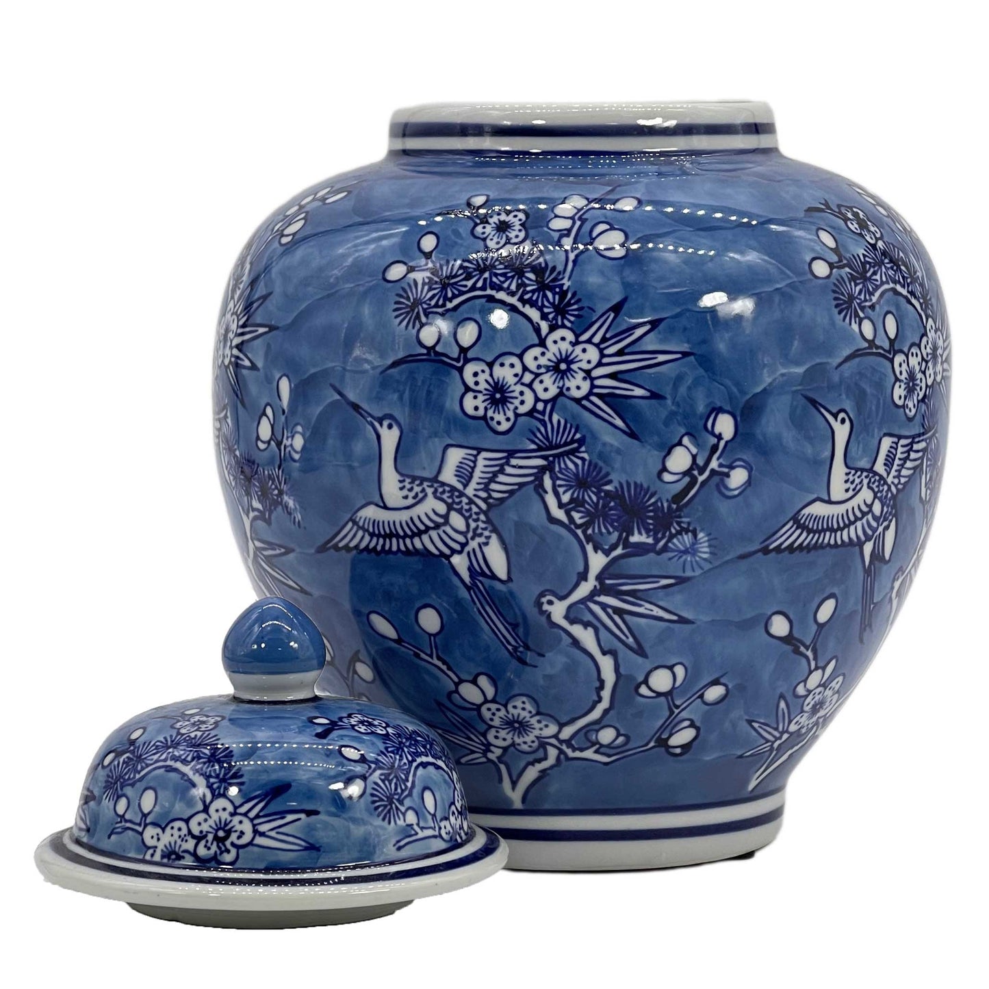Classic  Floral Ceramic Ginger Jar 10": White & Light Blue