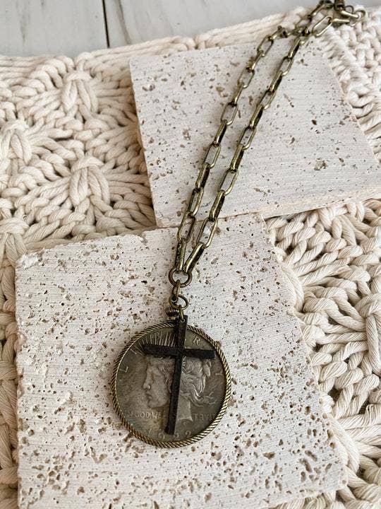 Relic Coin and Cross Necklace: Antique Bronze 30"