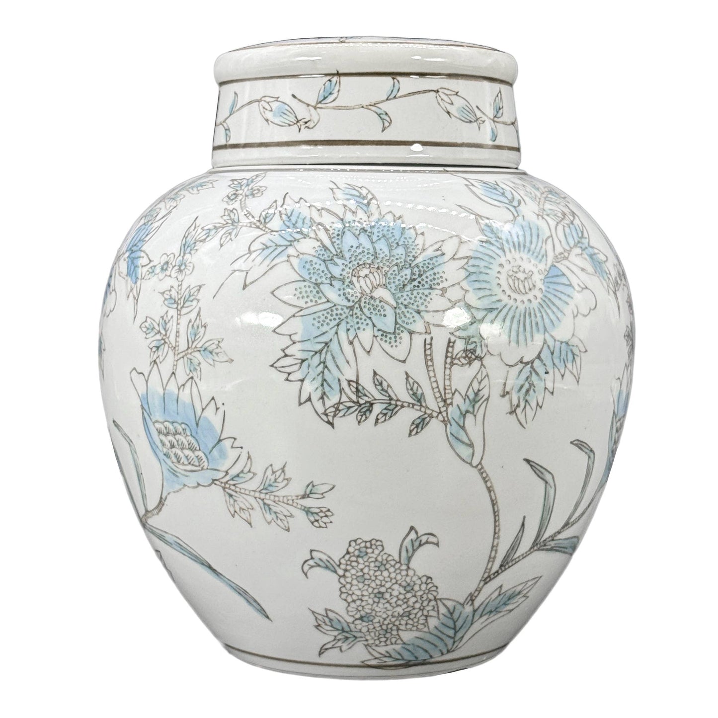 Classic  Floral Ceramic Ginger Jar 10": White & Light Blue