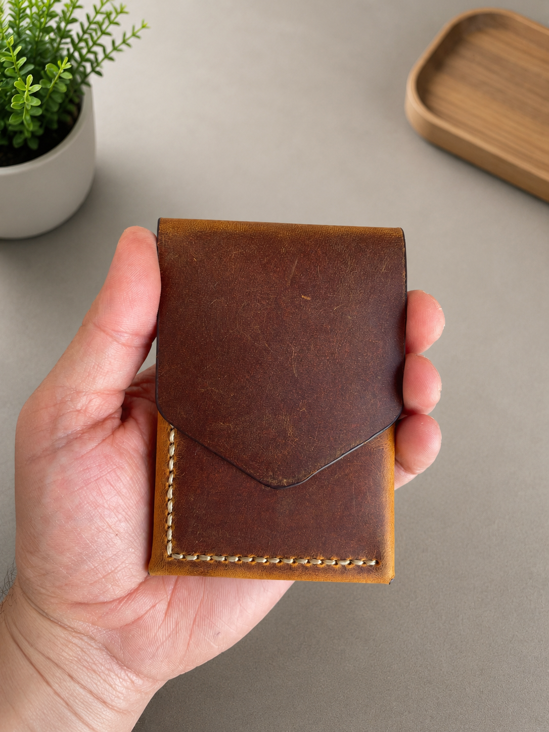 Leather Cash Wallet, Hand Stitched Minimalist Wallet: Dark Brown