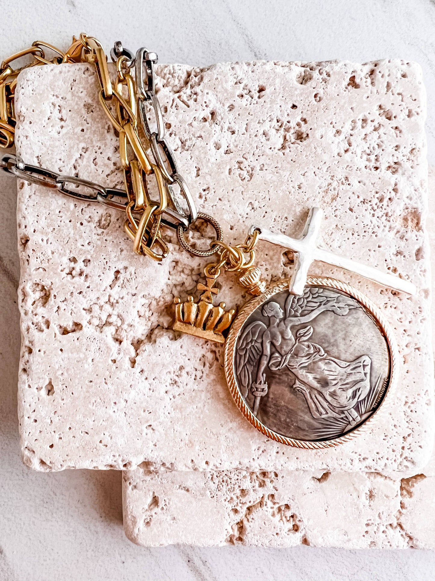Relic Coin and Cross Necklace: Antique Bronze 30"