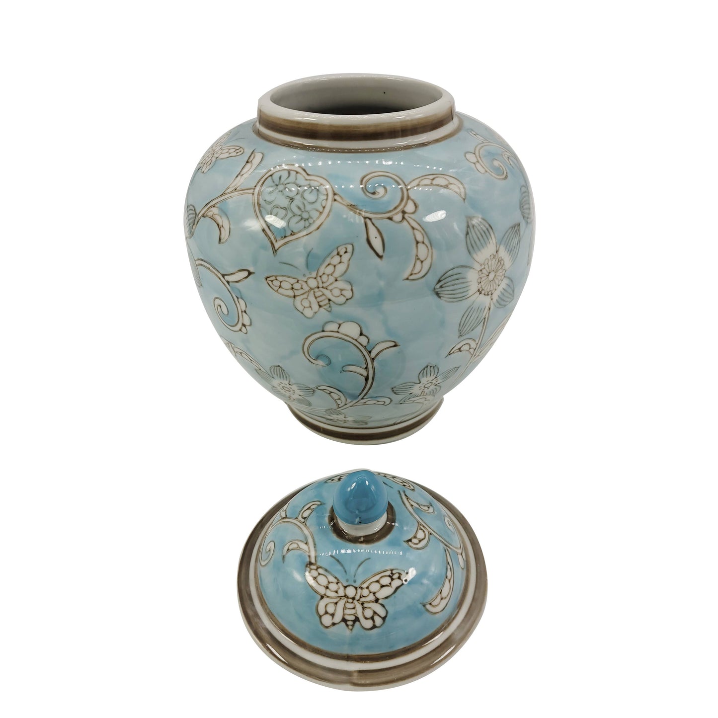 Classic  Floral Ceramic Ginger Jar 10": White & Light Blue