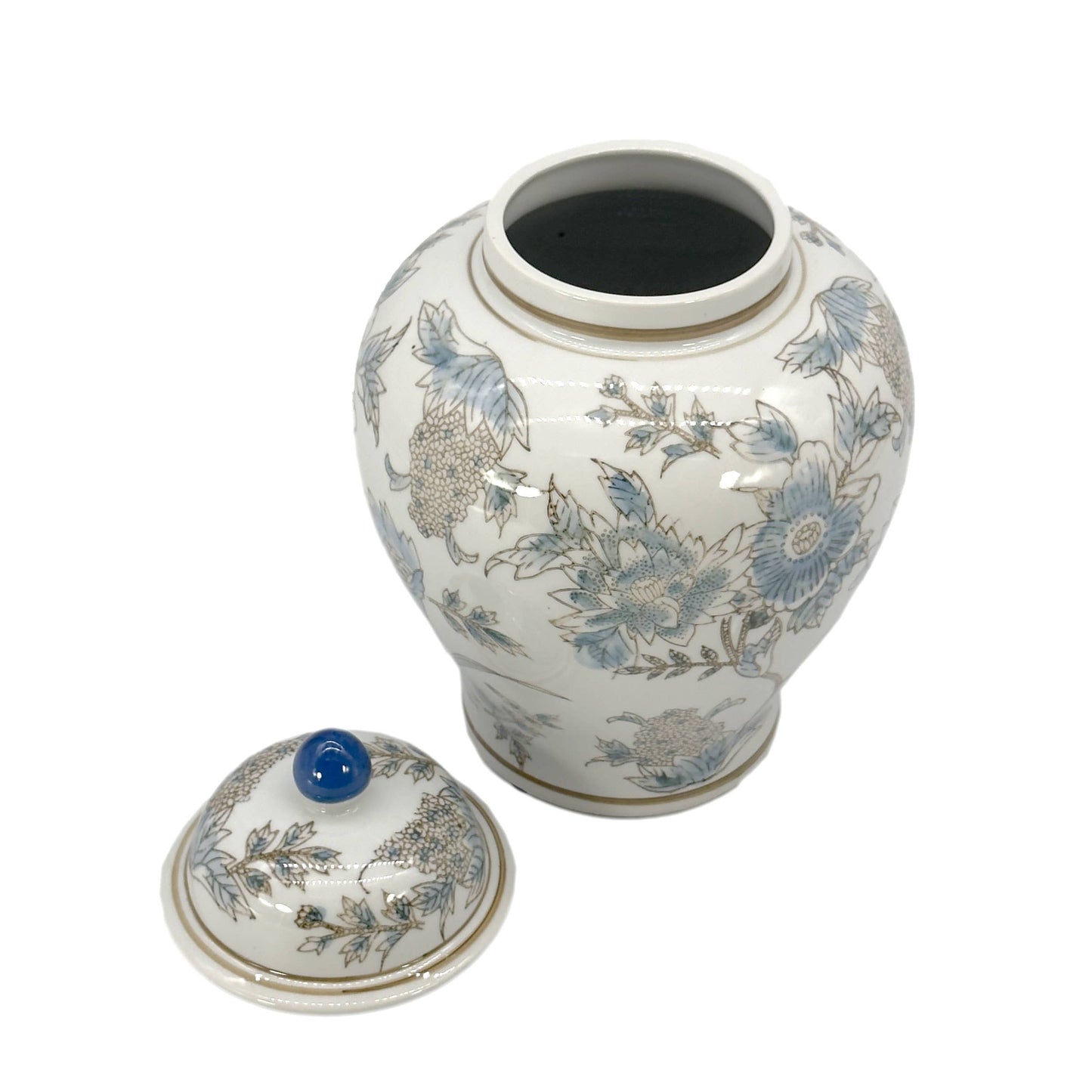 White & Blue Floral  Ceramic Chinoiserie Jar 12"