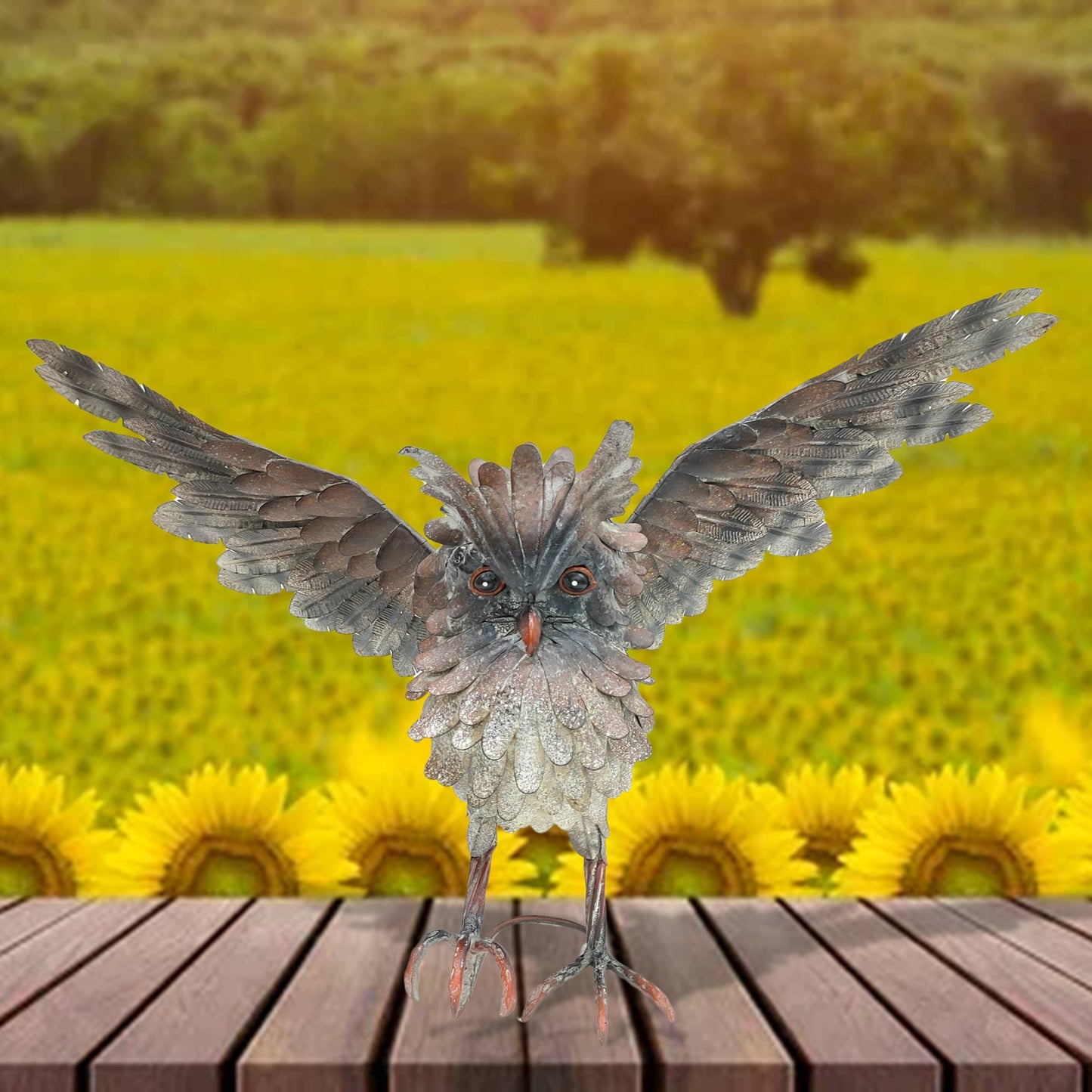 Soaring Metal Great Horned Owl Accent "Ash" - 19" Tall