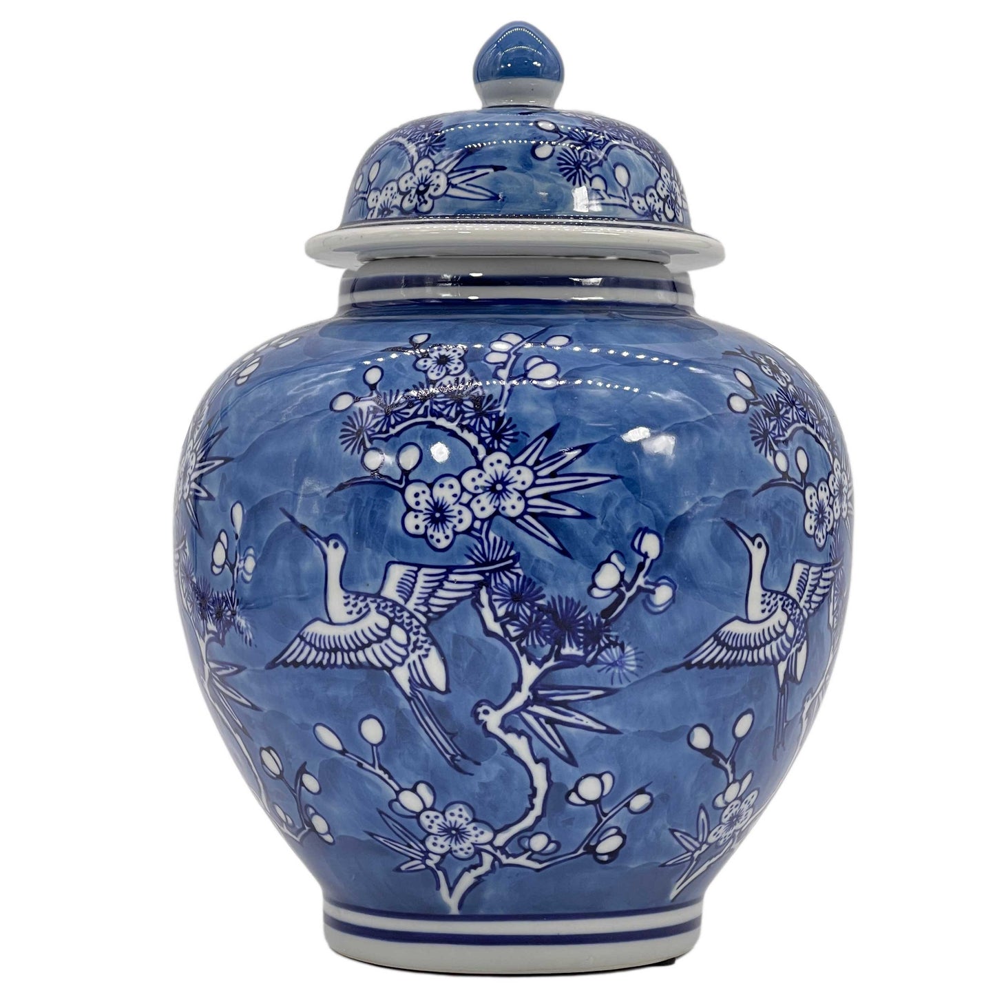 Classic  Floral Ceramic Ginger Jar 10": White & Light Blue