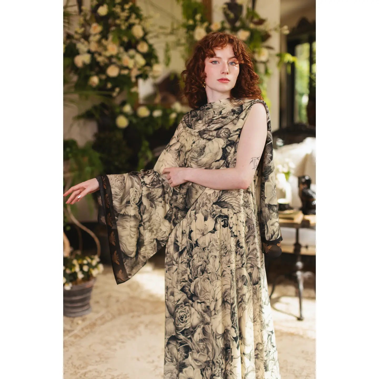Honey & the Moon Scarf with Neutral Floral Print & Bees
