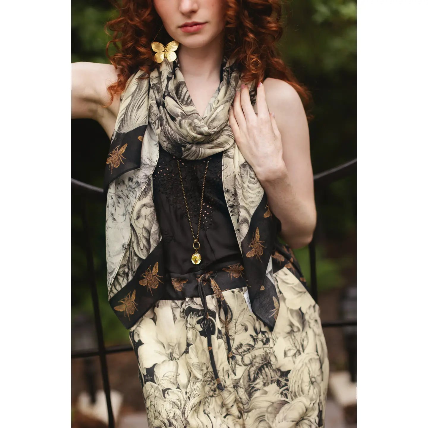 Honey & the Moon Scarf with Neutral Floral Print & Bees