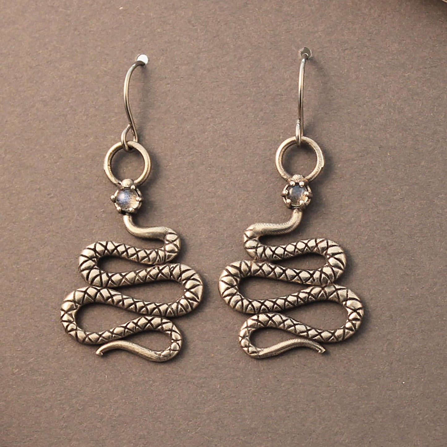 Snake earrings in sterling silver or brass with gems- short: Sterling Silver / Moonstone