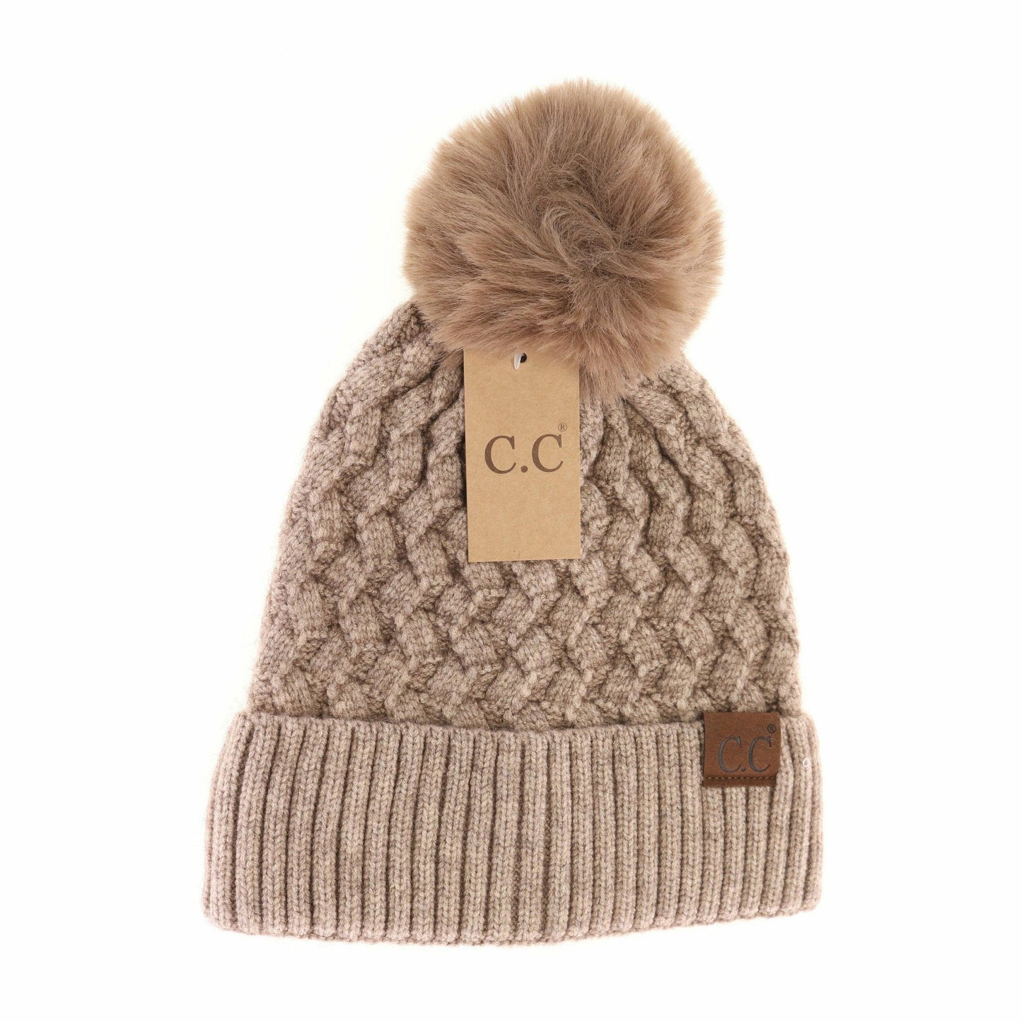Woven Cable Knit Cuffed Matching Fur Pom: Taupe