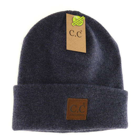 Unisex Soft Ribbed Leather Patch C.C. Beanie HTM9021: Heather Navy
