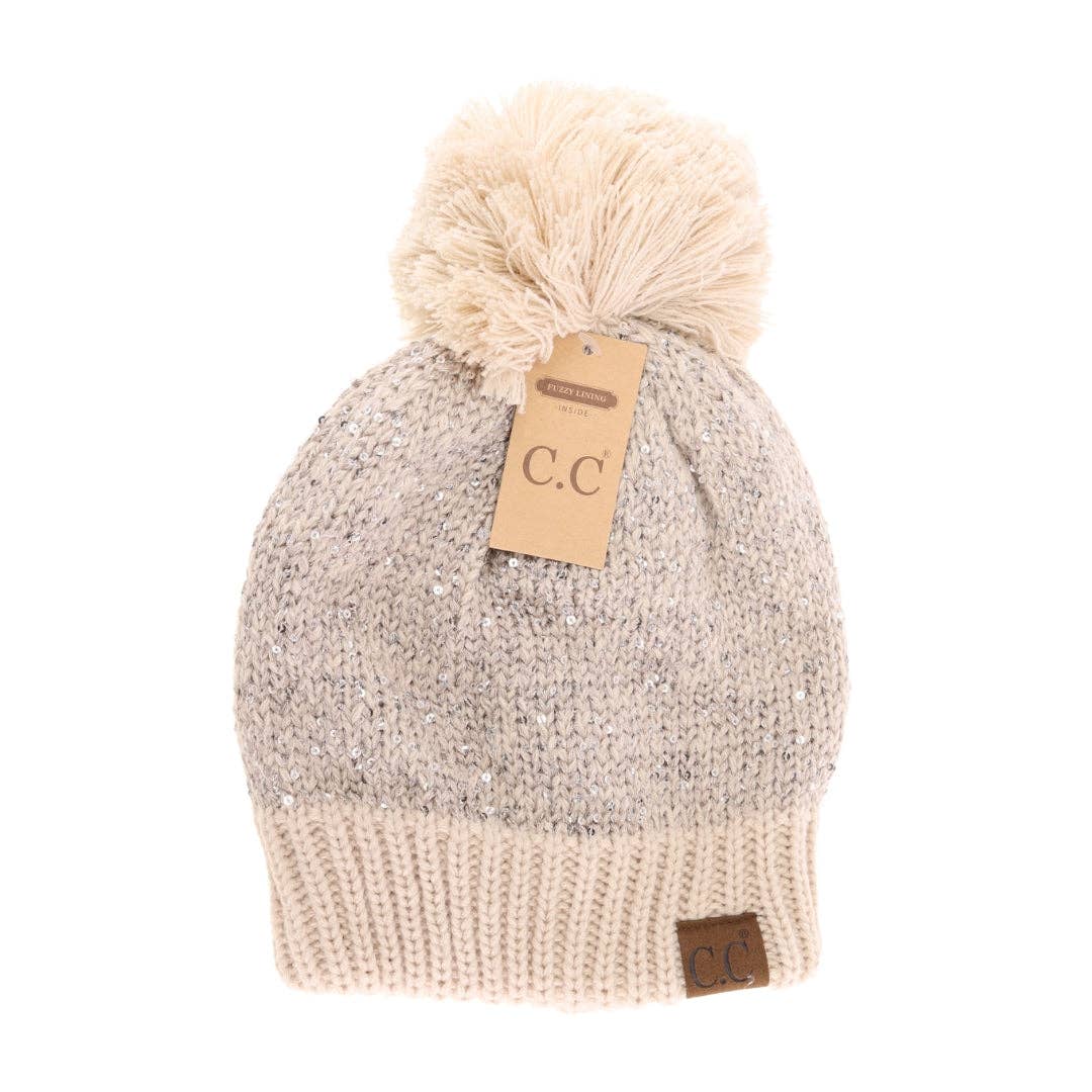 Fuzzy Lined Scatter Sequin Pom : Beige/Silver