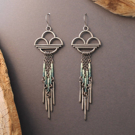 Rain fringe earrings in sterling silver or brass with beads: Sterling Silver / Dawn (Multi Neutral)