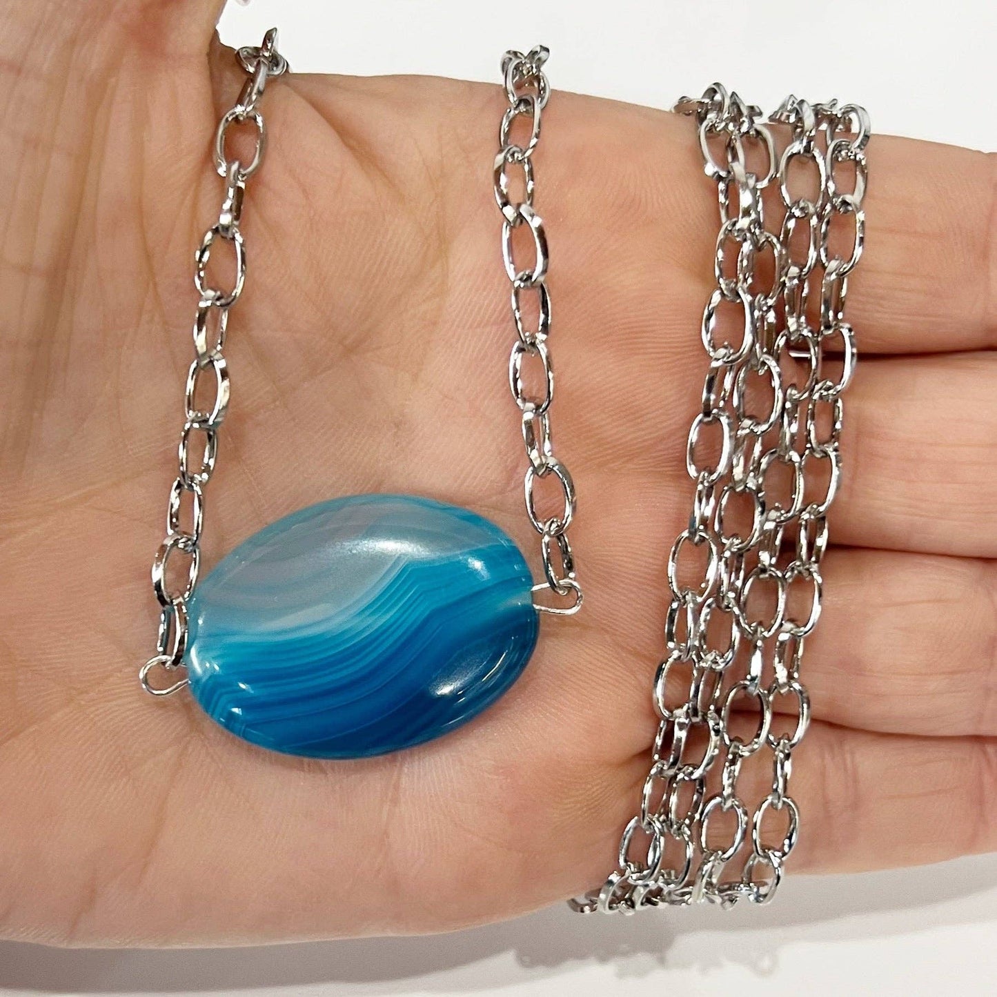 SINGLE CHAIN | BLUE AGATE | Layering Necklace: Silver